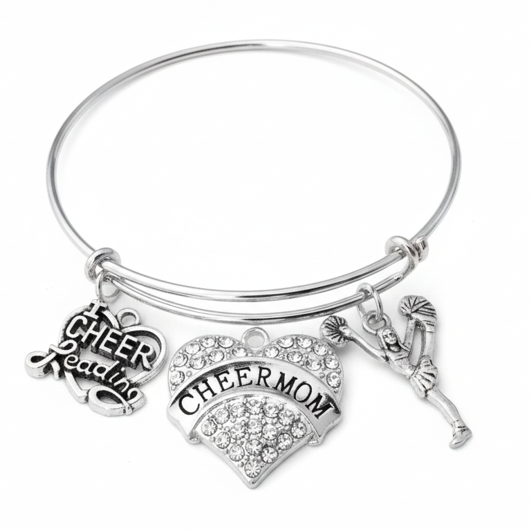 Silver expandable charm bangle bracelet with crystal pavé CHEERMOM heart charm, I Love Cheerleading heart charm, and cheerleader silhouette charm — cheerleading gift for cheer moms by Jules Obsession