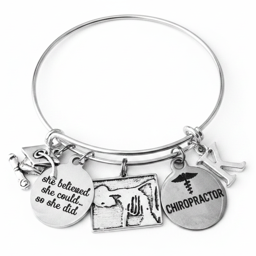 Chiropractor Gift Bracelet – She Believed She Could Graduation Charm Bangle, Personalized Initial, Silver Adjustable Wire