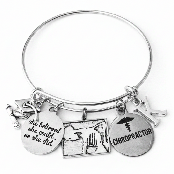 Chiropractor Gift Bracelet – She Believed She Could Graduation Charm Bangle, Personalized Initial, Silver Adjustable Wire