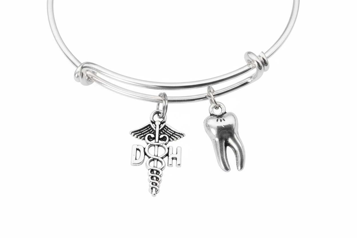 Dental Hygienist Bracelet Gift | DH Tooth Charm Bangle Can Be Personalized