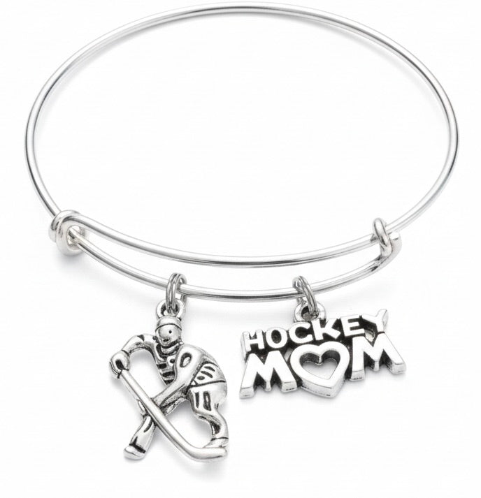 Hockey Mom Bracelet - Adjustable Silver Bangle Gift for Hockey Player Mom