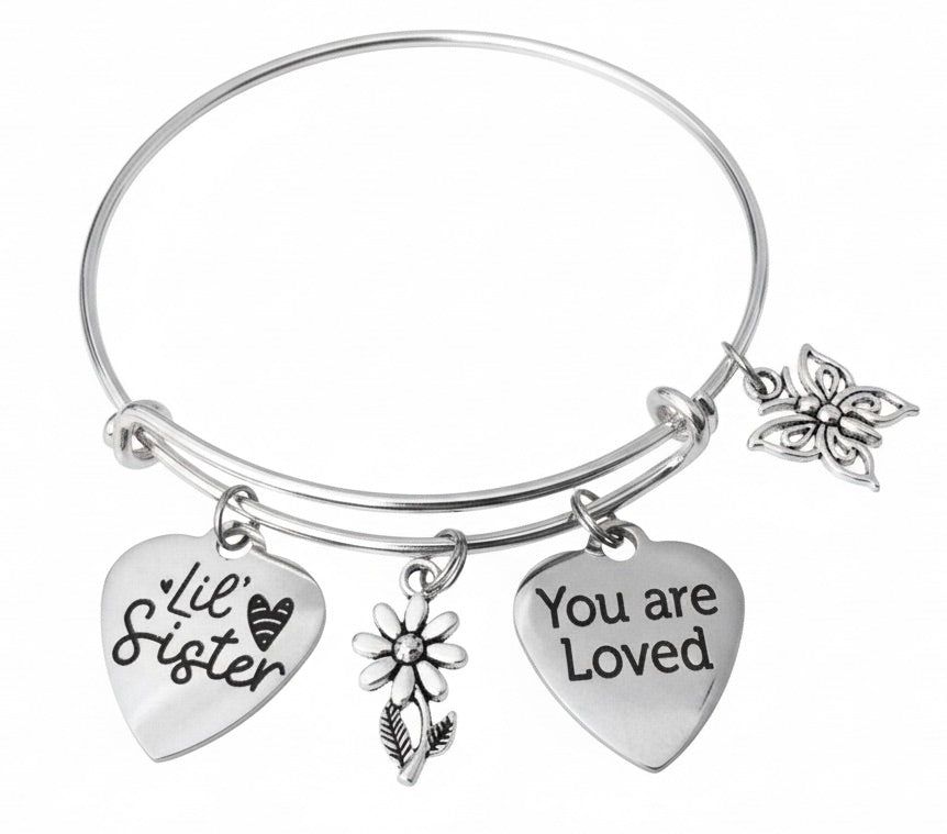 Little Sister Bracelet Gift - You Are Loved Charm Bangle with Daisy &amp; Butterfly