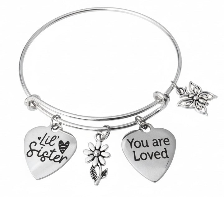 Little Sister Bracelet Gift - You Are Loved Charm Bangle with Daisy &amp; Butterfly