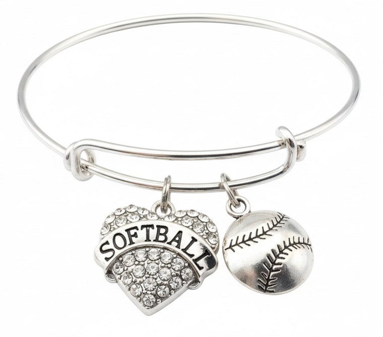 Softball Bracelet Crystal Heart Charm