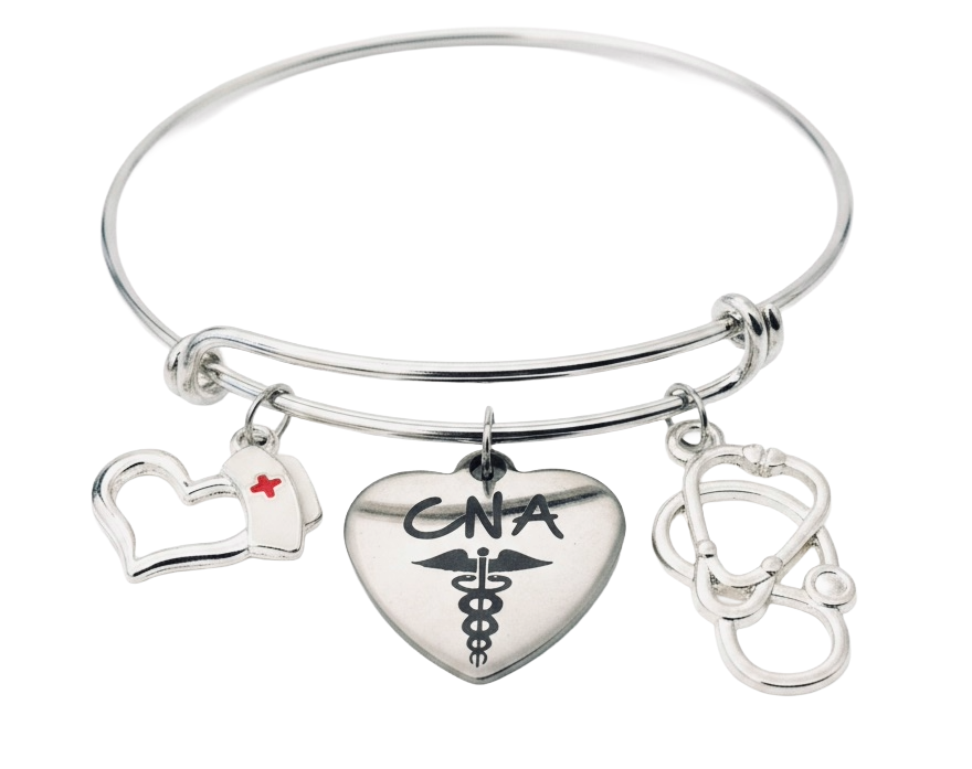 CNA charm bangle bracelet with stethoscope, nurse hat heart, and CNA caduceus heart charms on polished silver expandable wire bangle