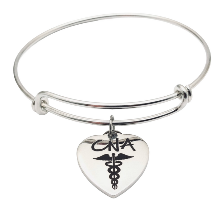 CNA heart charm bangle bracelet with caduceus medical symbol engraving on polished silver expandable wire bangle