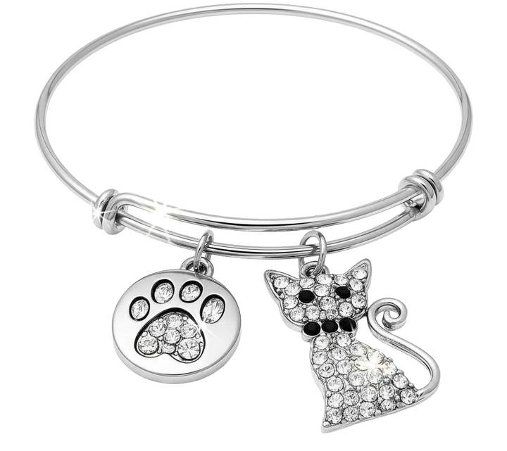 Crystal Cat Paw Bracelet – Silver Expandable Adjustable Bangle with Rhinestone Cat &amp; Paw Print Charms – Handmade Pet Lover Jewelry Gift