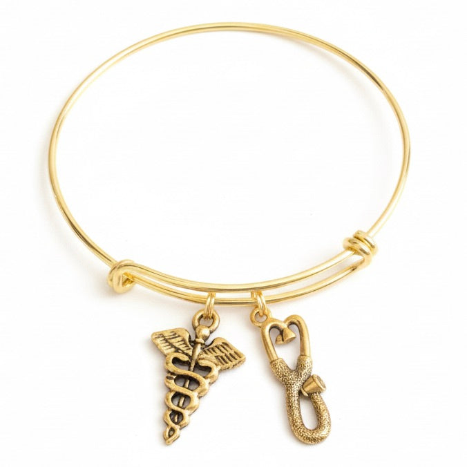 Gold Doctor Nurse Bracelet Gift | Stethoscope Caduceus Charm Bangle