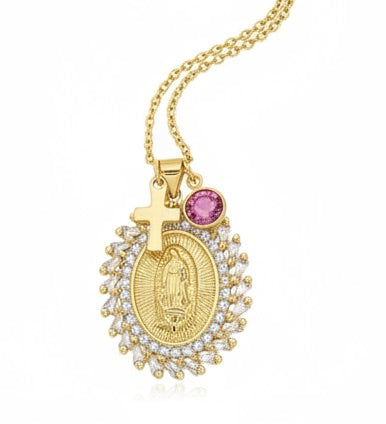 Our Lady of Guadalupe Necklace Gold | Virgin Mary Medal with Birthstone Cross | Catholic Gift