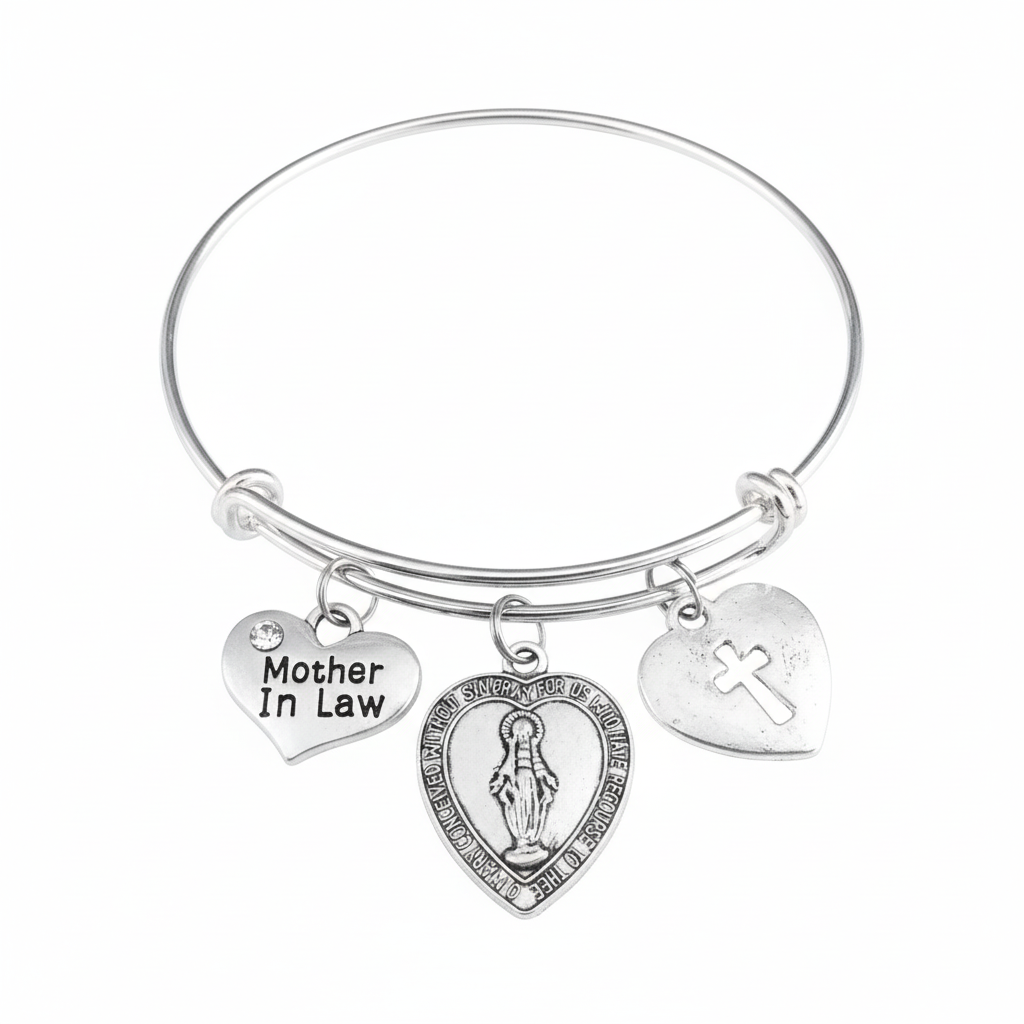 Mother in Law Gift Miraculous Medal Charm Bracelet - Adjustable Silver Bangle with Virgin Mary Cross Charms