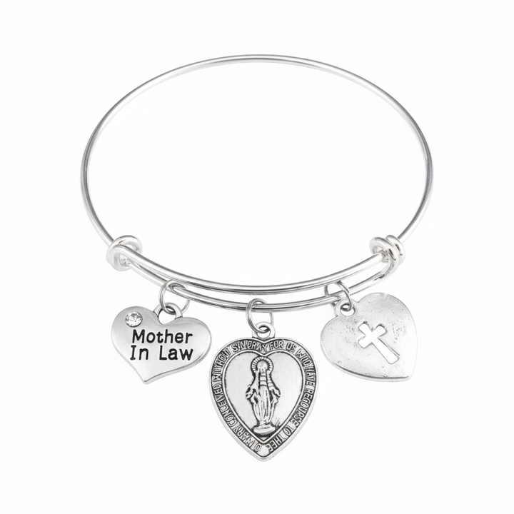 Mother in Law Gift Miraculous Medal Charm Bracelet - Adjustable Silver Bangle with Virgin Mary Cross Charms