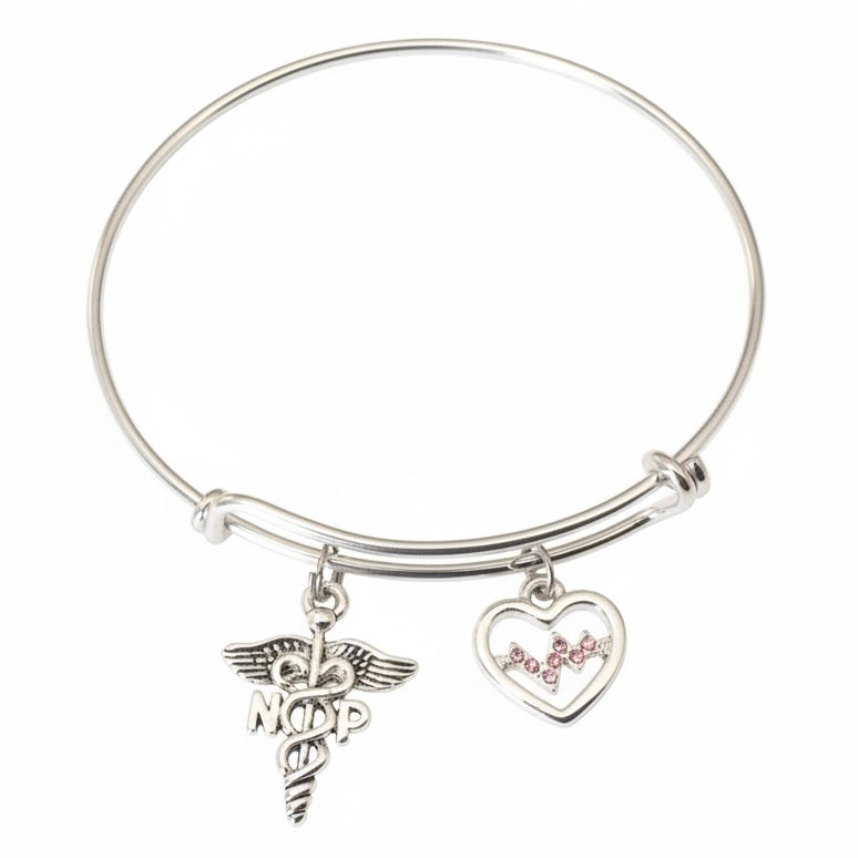 Nurse Practitioner Gift Bracelet | NP Silver Charm Bangle with Caduceus
