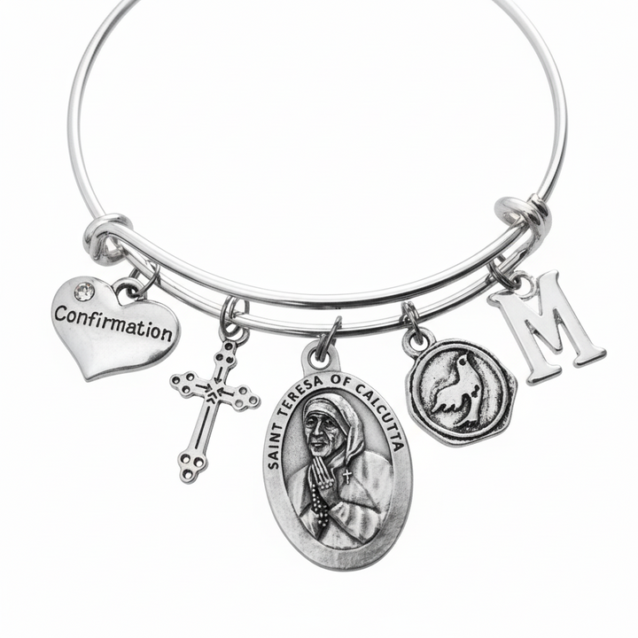 Confirmation Charm Bracelet Silver Adjustable Bangle with Saint Teresa of Calcutta Medal, Cross, Dove, Initial - Catholic Religious Gift for Girls