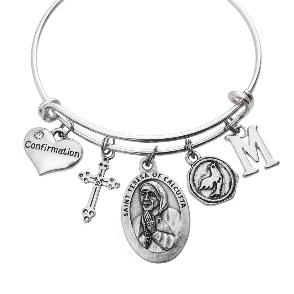 Confirmation Charm Bracelet Silver Adjustable Bangle with Saint Teresa of Calcutta Medal, Cross, Dove, Initial - Catholic Religious Gift for Girls