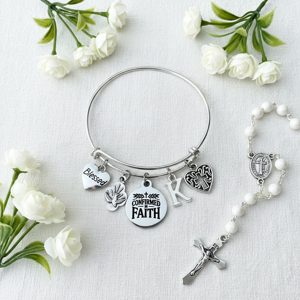 Confirmation Gift for Girls Silver adjustable bangle bracelet featuring a stainless steel Confirmed in Faith medal, silver-plated Blessed heart charm, Holy Spirit Dove charm, Filigree Heart Cross charm, and personalized initial charm
