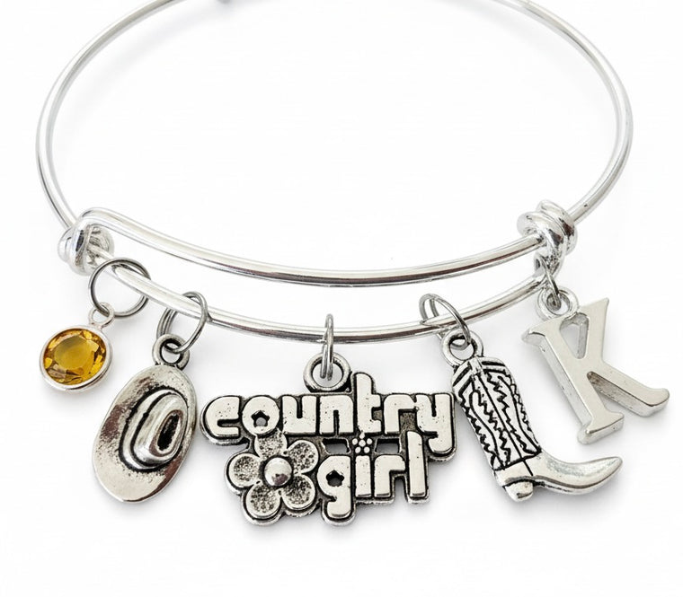 Country Girl Charm Bracelet - Personalized Expandable Bangle with Cowboy Boot, Hat & Birthstone Initial Jewelry