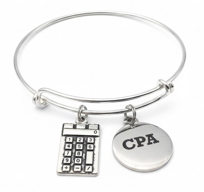 CPA Accountant Gift Bracelet | Calculator Charm | Silver Expandable Bangle | Adjustable