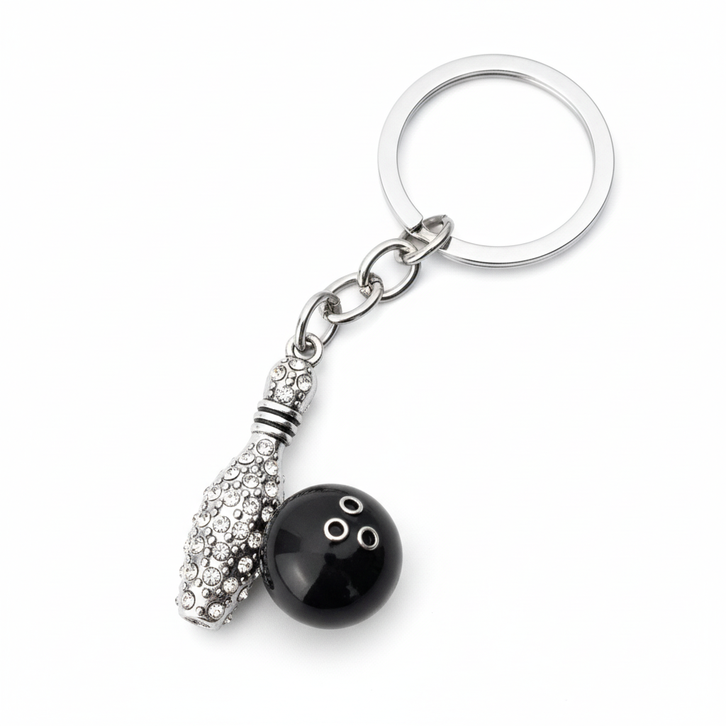 Crystal bowling ball and pin keychain on a silver key ring — rhinestone-studded pin charm with silver-plated chain, 3.25 inches total length, perfect bowler gift