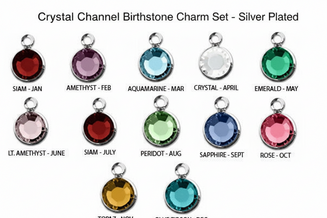 Crystal channel birthstone charm set in silver plated settings – all 12 birth months from January garnet to December blue zircon – add-on charm for Jules Obsession expandable bangles