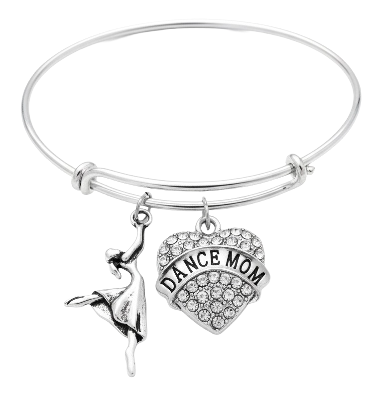 Silver expandable charm bangle bracelet with clear crystal rhinestone pavé Dance Mom heart charm and silver ballerina arabesque silhouette charm — dance mom gift bracelet by Jules Obsession