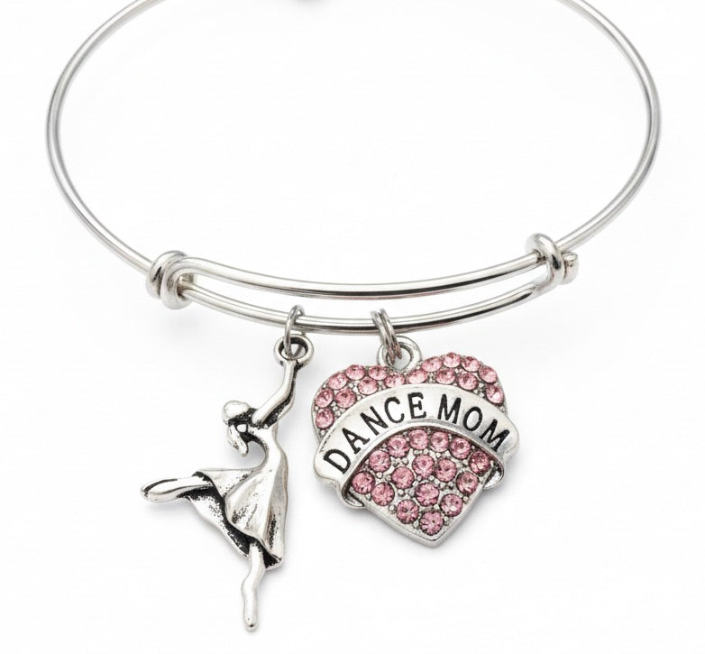 Silver expandable charm bangle bracelet with pink crystal rhinestone pavé Dance Mom heart charm and silver ballerina arabesque silhouette charm — dance mom gift bracelet by Jules Obsession