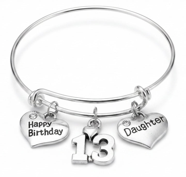 Silver expandable charm bracelet with Happy Birthday heart, 13 number charm and Daughter heart charm with crystals – adjustable bangle birthday gift for daughters by Jules Obsession