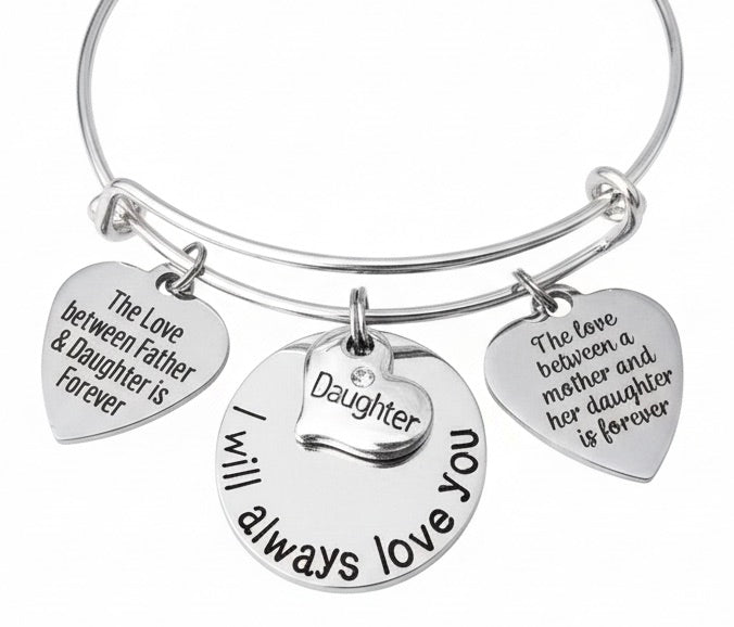 Daughter Charm Bracelet | "I Will Always Love You" | Mother & Father Daughter Forever | Silver Expandable Bangle | Meaningful Gift for Daughter