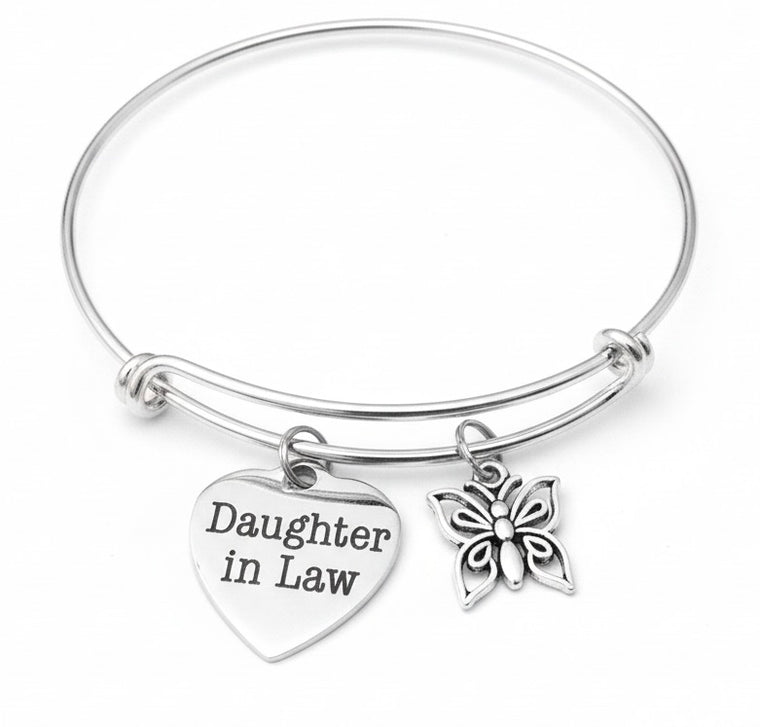 Silver bracelet with 'Daughter in Law' heart charm and butterfly pendant on a Daughter in Law Bracelet – Silver Butterfly Charm Bangle Gift