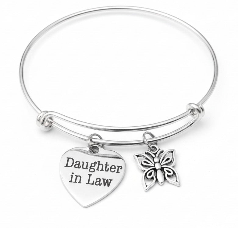 Silver bracelet with 'Daughter in Law' heart charm and butterfly pendant on a Daughter in Law Bracelet – Silver Butterfly Charm Bangle Gift