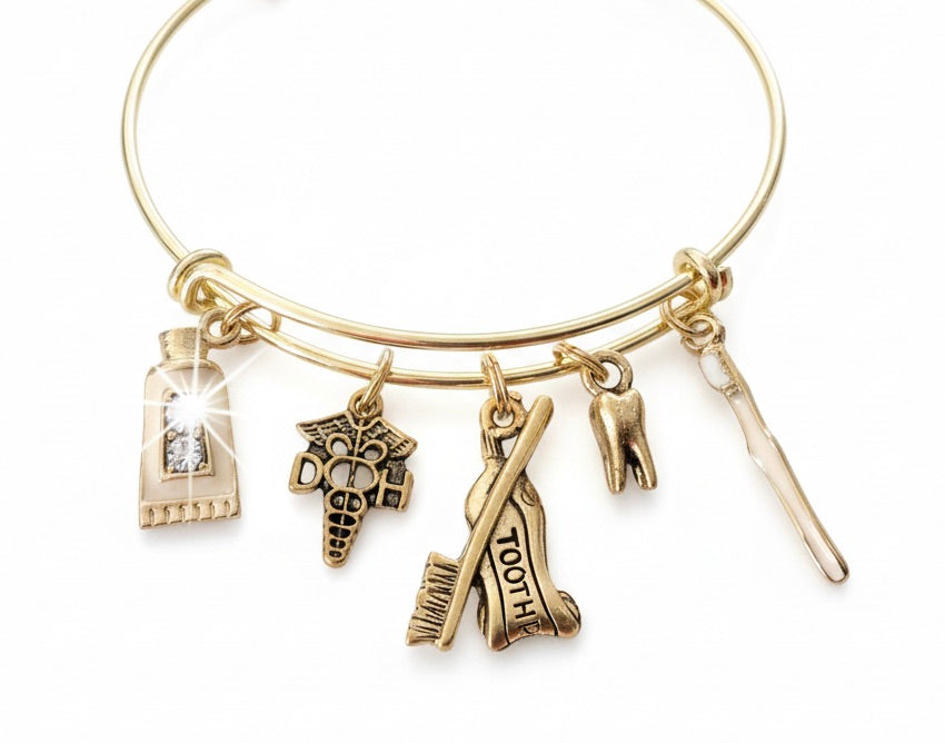 Dental Hygienist Gift Bracelet | Gold Tooth, DH Caduceus &amp; Toothbrush Charm Bangle | Dentist Gift