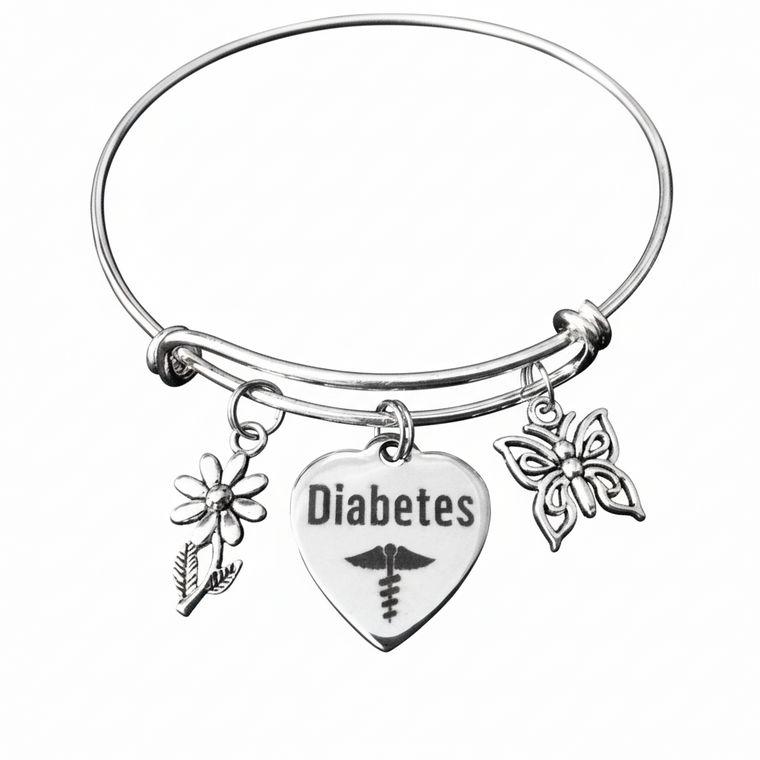 Diabetes Silver Expandable Charm Bracelet Butterfly and Daisy Adjustable Bangle Medical Alert Jewelry Gift
