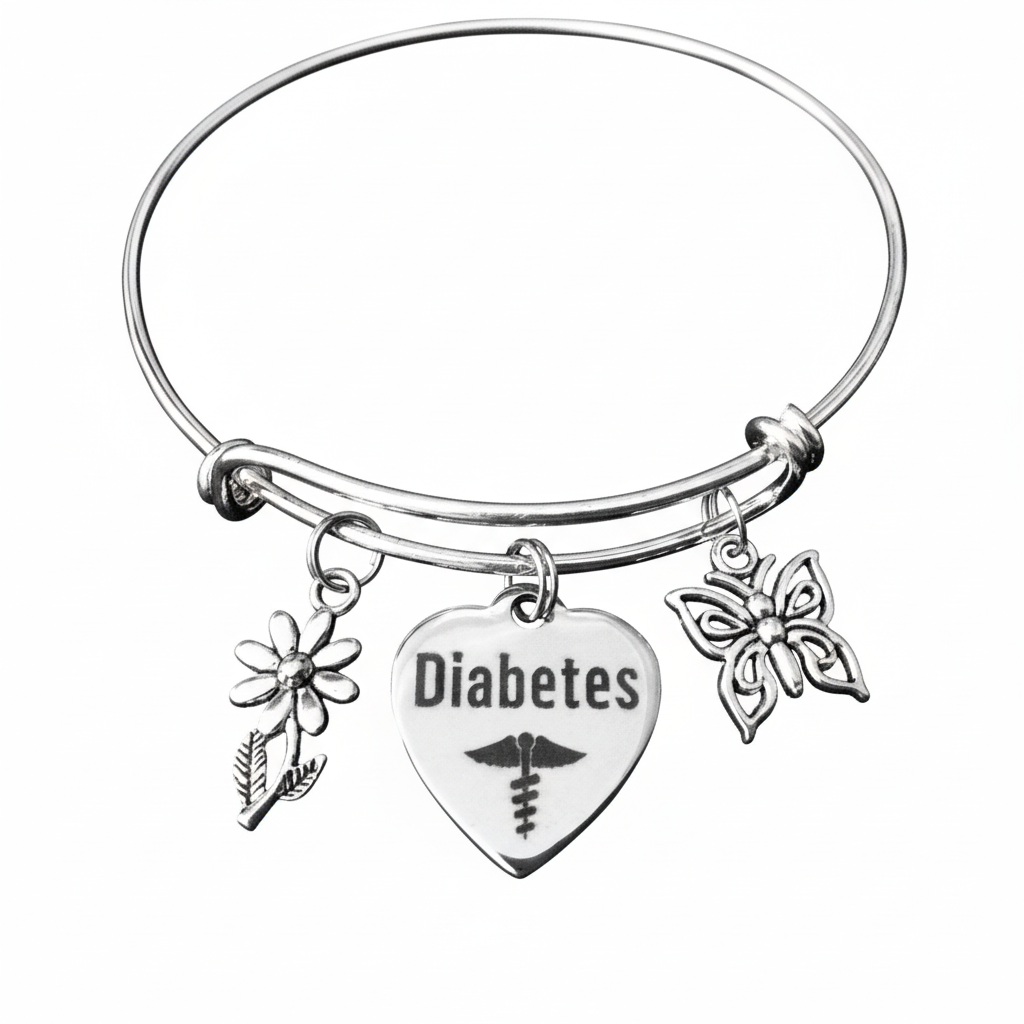 Diabetes Silver Expandable Charm Bracelet Butterfly and Daisy Adjustable Bangle Medical Alert Jewelry Gift
