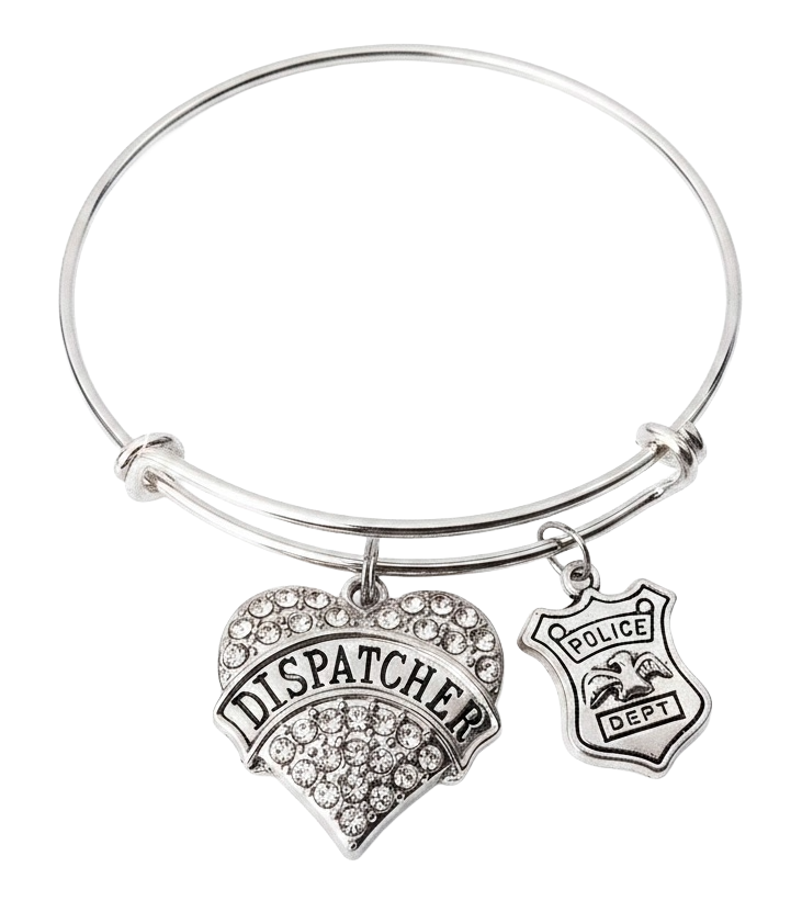 Dispatcher crystal heart charm bracelet with police badge pendant on silver adjustable bangle – 911 dispatcher appreciation gift jewelry
