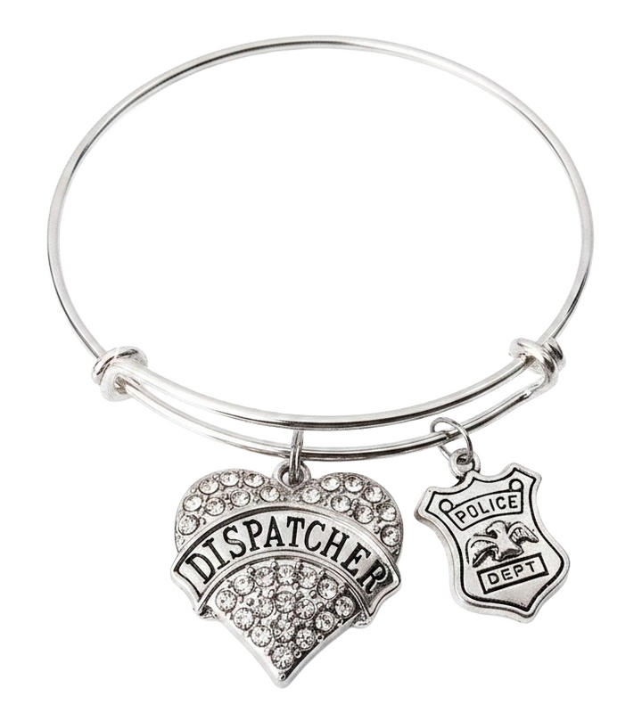 Dispatcher crystal heart charm bracelet with police badge pendant on silver adjustable bangle – 911 dispatcher appreciation gift jewelry