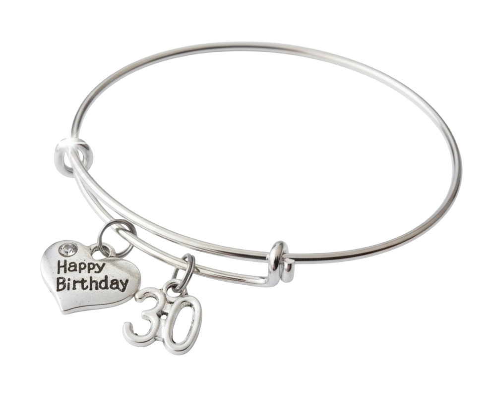 30th Birthday Bracelet Happy Birthday Expandable Bangle, Silver Charm Bracelet with Number 30, Milestone Birthday Gift for Her