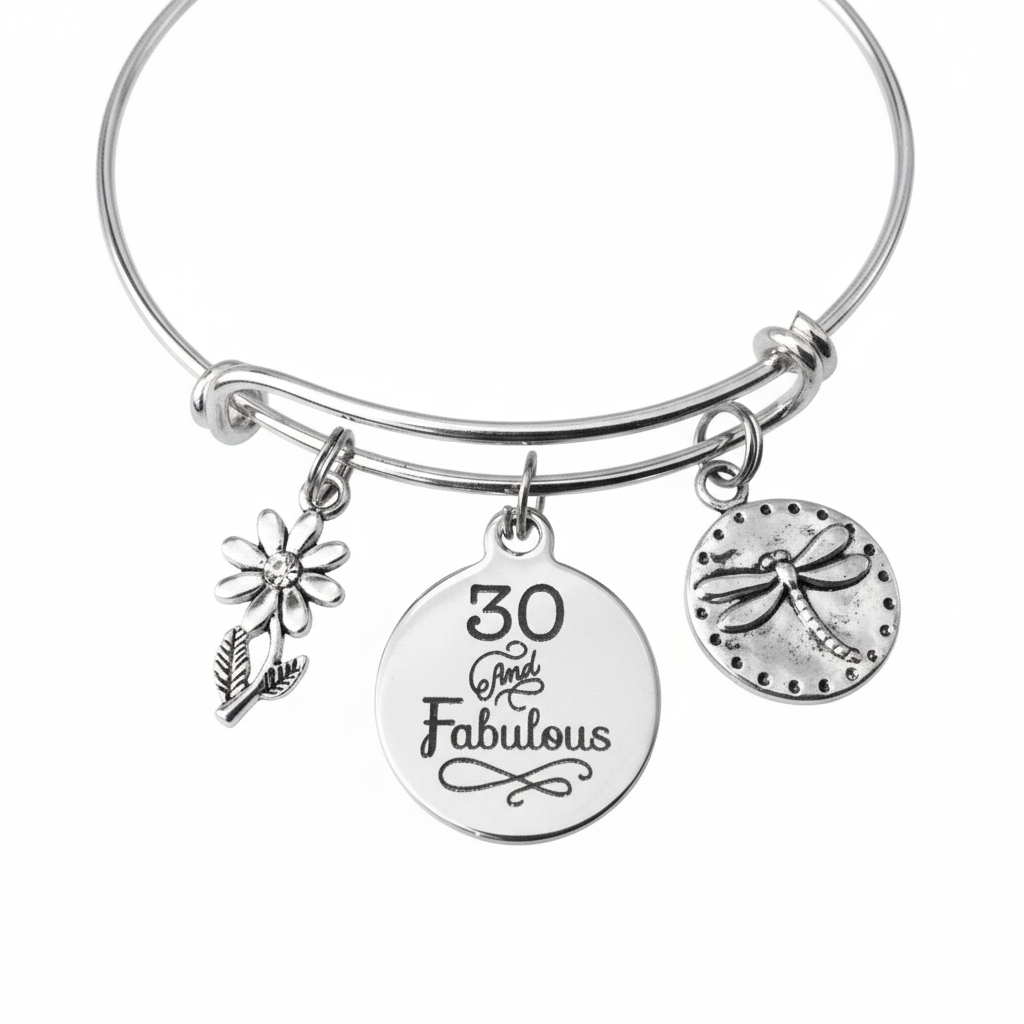 30 and Fabulous Birthday Bracelet Silver Expandable Charm Bangle Dragonfly Flower 30th Gift Her