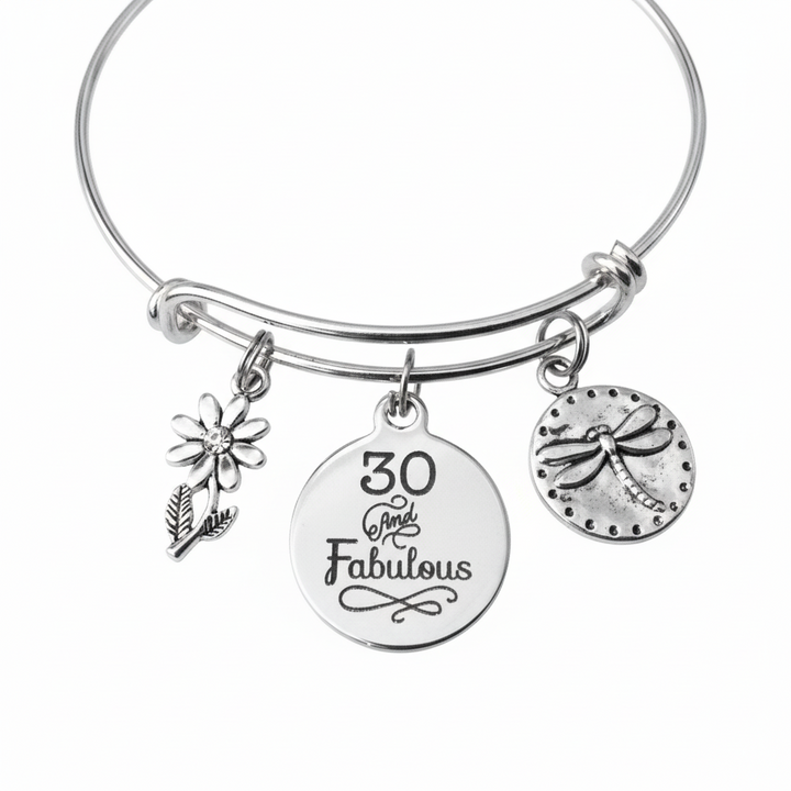 30 and Fabulous Birthday Bracelet Silver Expandable Charm Bangle Dragonfly Flower 30th Gift Her