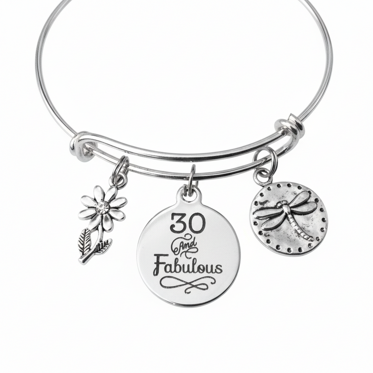 30 and Fabulous Birthday Bracelet Silver Expandable Charm Bangle Dragonfly Flower 30th Gift Her