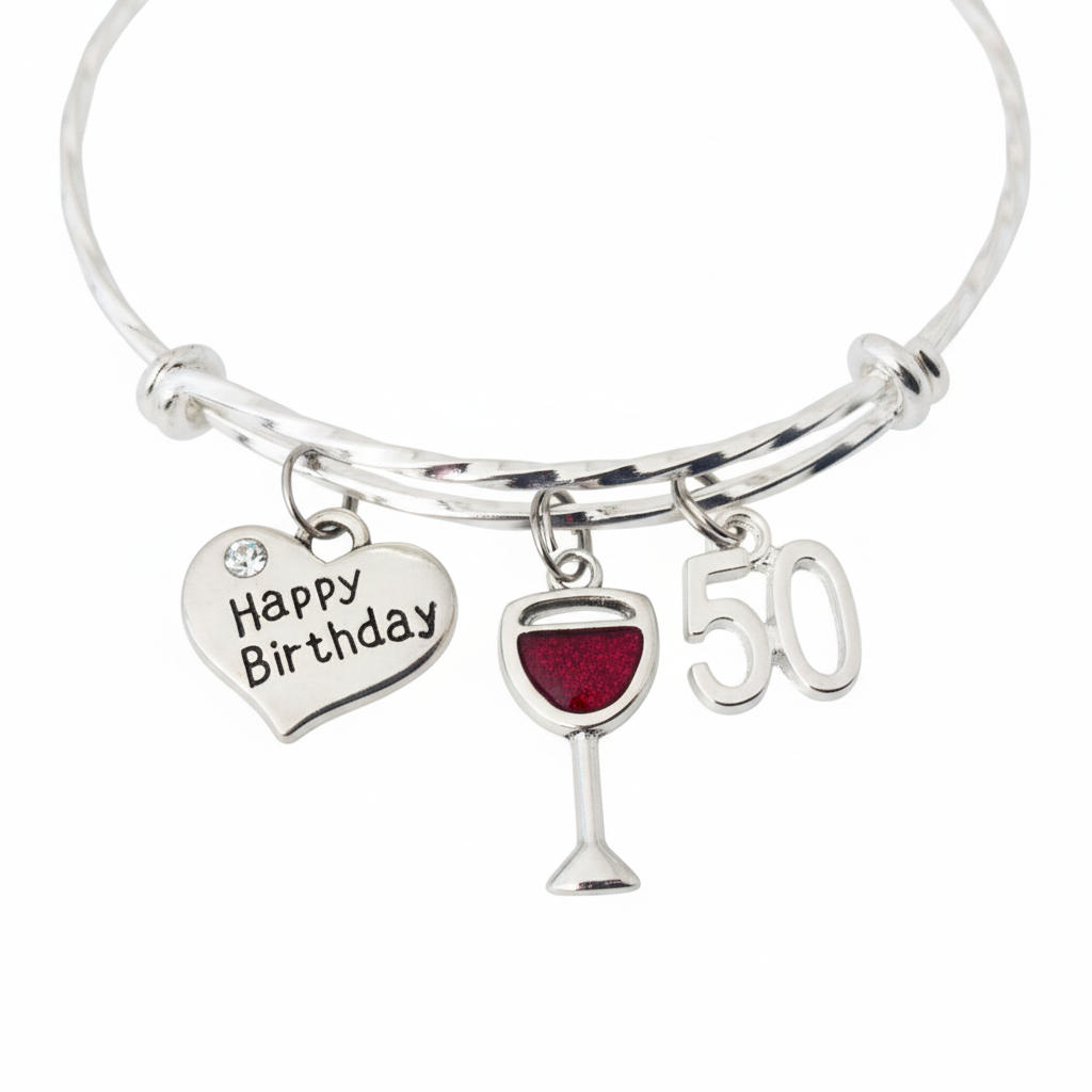50th Birthday Bracelet Silver Expandable Charm Bangle Wine Glass Happy Birthday Gift Her Fifty