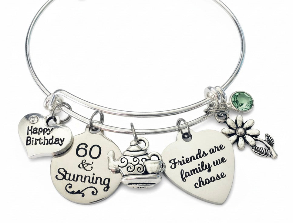 Happy 60th Birthday Jewelry Expandable Charm Bracelet Silver Adjustable Bangle One Size Fits All Gift