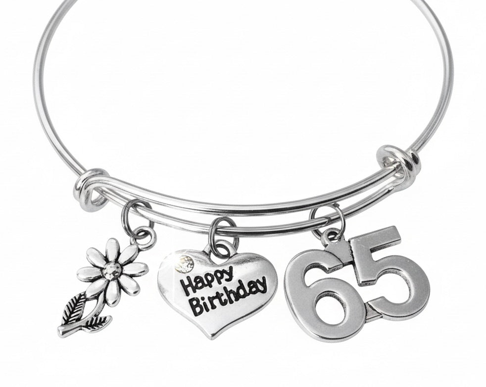 65th Birthday Bracelet for Women, Happy Birthday Charm Bangle, Adjustable Silver 65 Year Old Gift