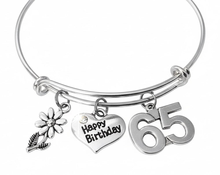 65th Birthday Bracelet for Women, Happy Birthday Charm Bangle, Adjustable Silver 65 Year Old Gift