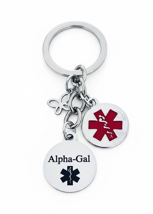 Alpha-Gal Medical Alert Keychain, Personalized Stainless Steel Emergency ID Tag, Red Medical Symbol Charm