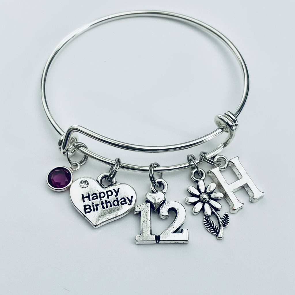 12th Birthday Gift for Girl, Personalized Happy Birthday Charm Bracelet with Birthstone Initial, Silver Expandable Bangle Age 12
