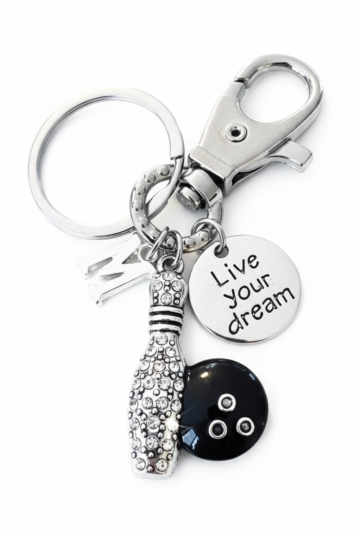 Bowling Keychain Gift Personalized Initial Charm Live Your Dream Bowling Pin Ball Keyring Crystal Bowler Gift