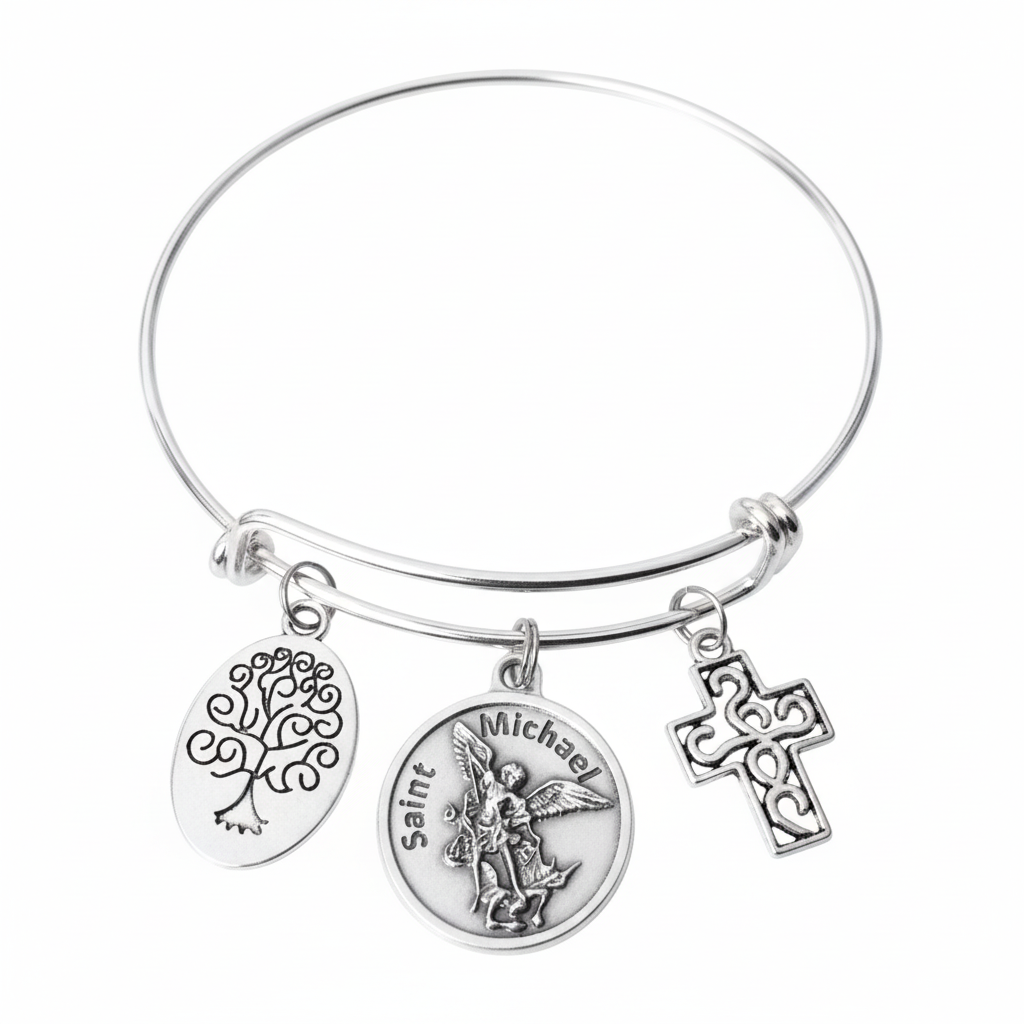 Saint Michael Expandable Charm Bracelet Silver Adjustable Bangle