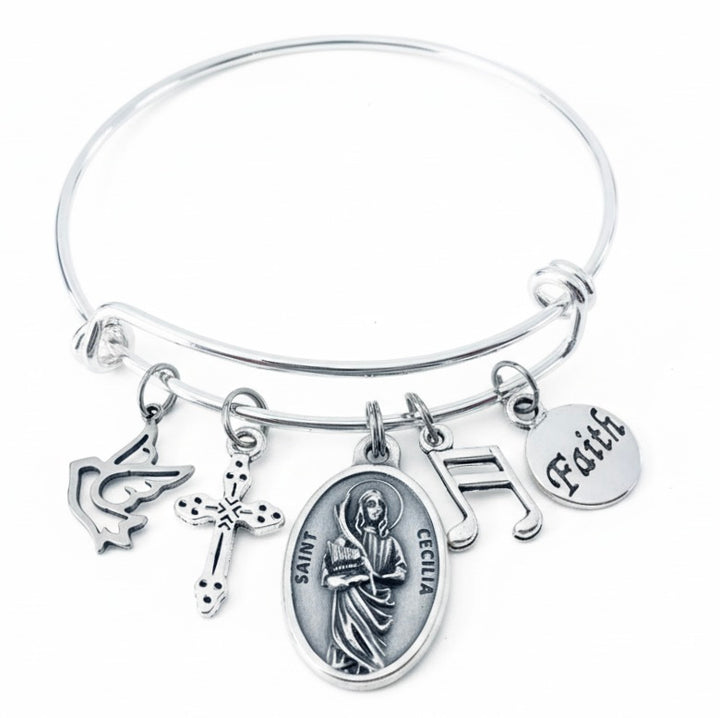 Saint Cecilia Bangle Bracelet – Silver Patron Saint of Music • Faith, Angel &amp; Cross Charm Bracelet