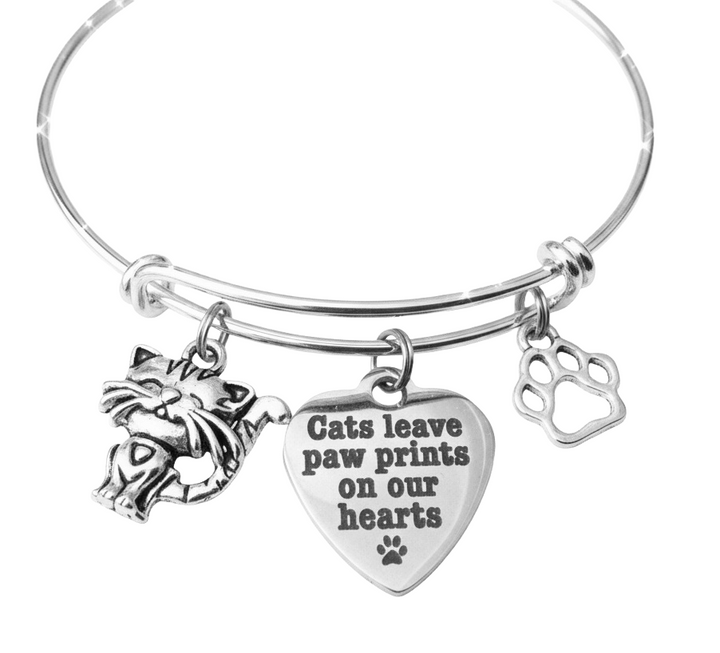 Cat Memorial Bracelet Cats Leave Paw Prints on Our Hearts, Silver Expandable Bangle with Cat Charm and Paw Print, Pet Loss Gift
