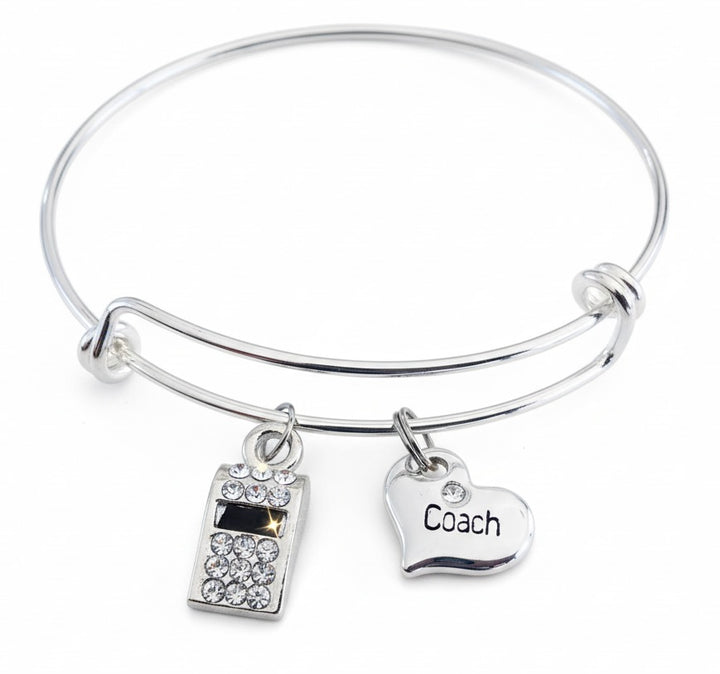 Coach Charm Bracelet - Silver Expandable Bangle with Heart &amp; Whistle Charms