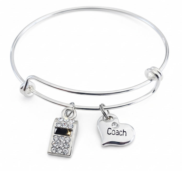 Coach Charm Bracelet - Silver Expandable Bangle with Heart & Whistle Charms